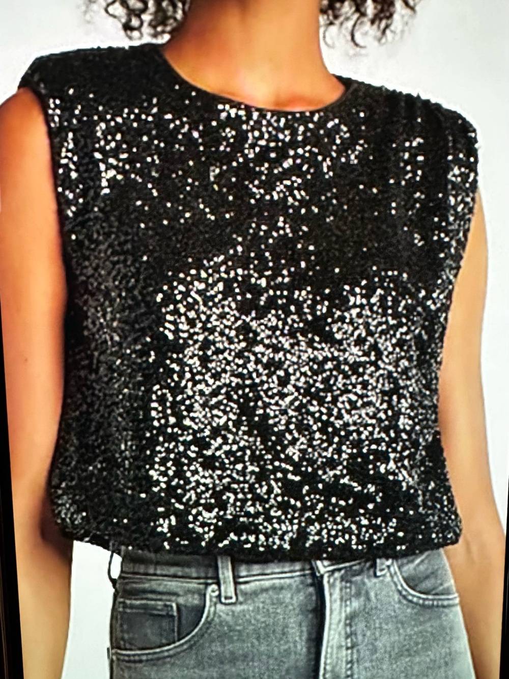 H&M Black Sequin Top with Shoulder Pads - Size Small